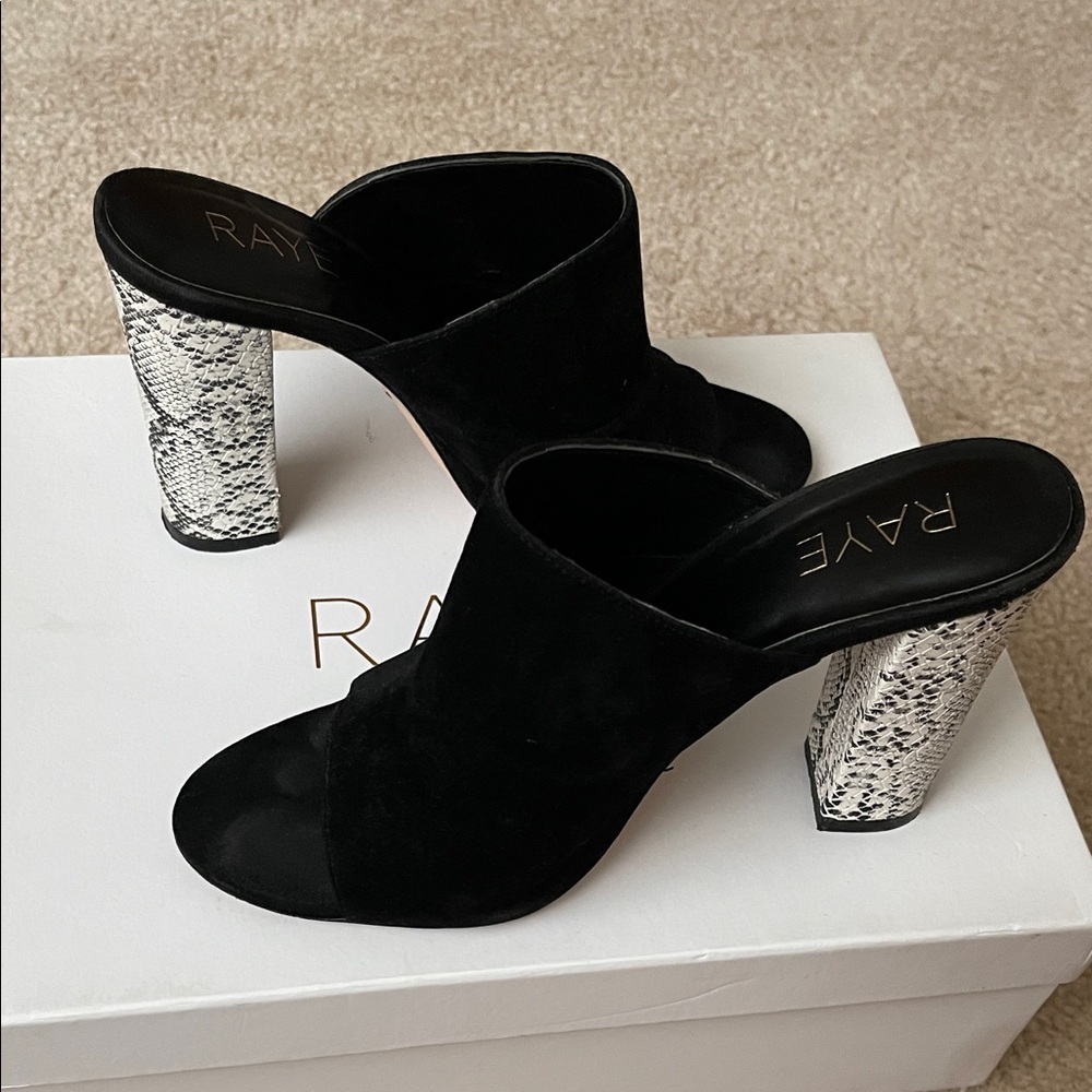 RAYE Black Mules with Snake Print Heel
